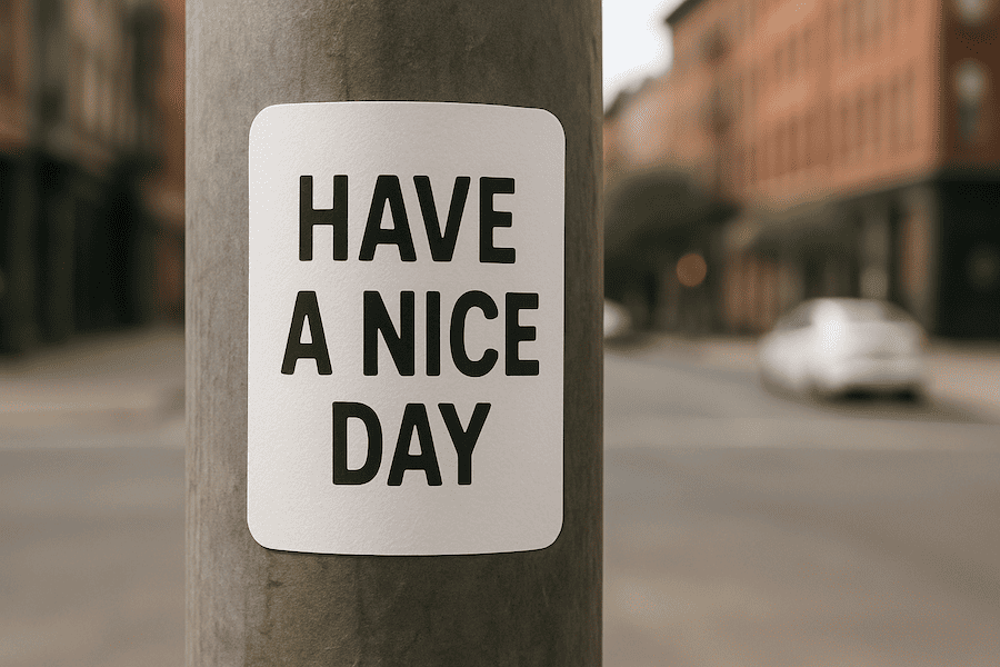 Custom printed eggshell sticker stuck to a lamp post in a city