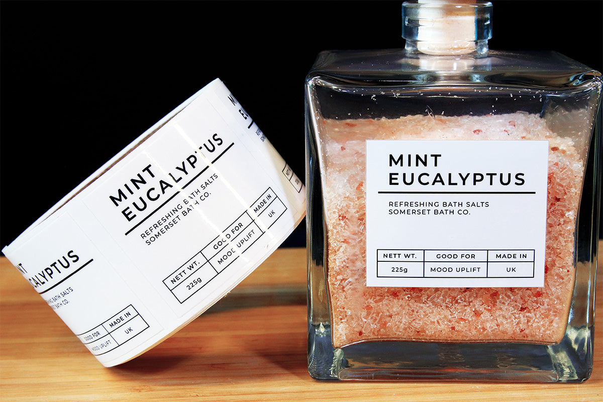 Rectangle cut bath salts product label printed on white vinyl on rolls