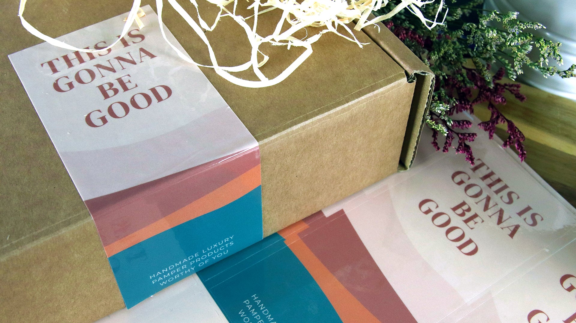 Biodegradable paper compostable label with this is gonna be good design applied to seal a cardboard box