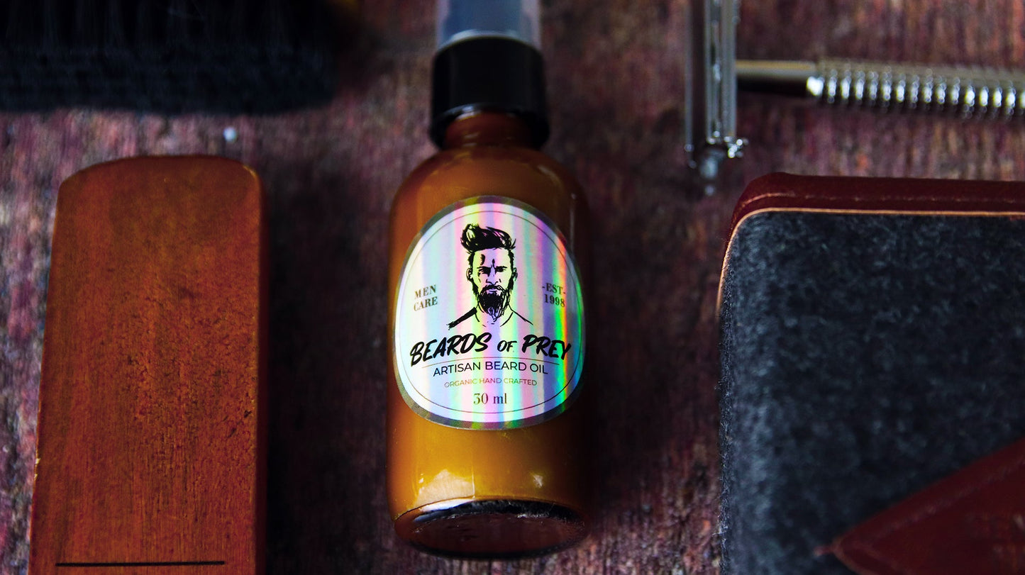 Circle holographic sticker applied to an amber jar with beard oil