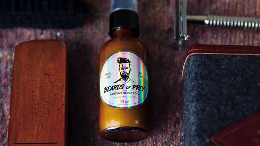 Circle holographic sticker applied to an amber jar with beard oil