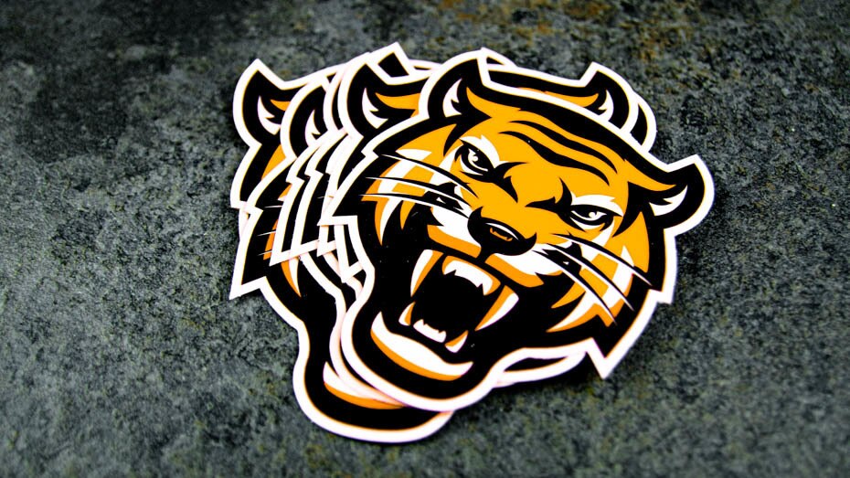 Stack of die cut fluorescent orange stickers with tiger design on a table