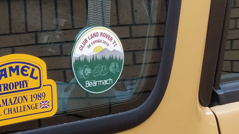 Bearmach circle sticker on sand coloured Landrover window