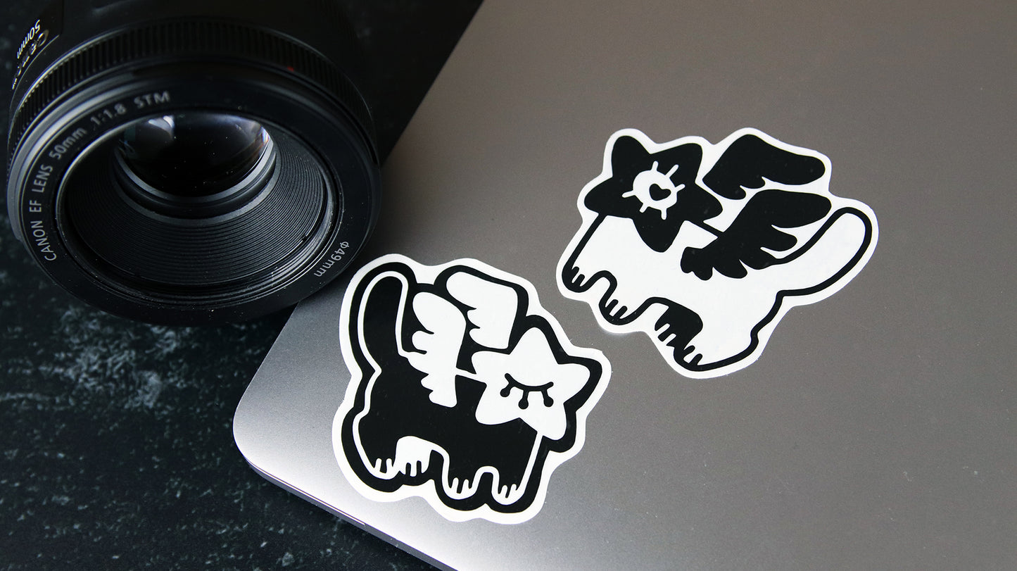 Eco-white die cut sticker with a cat design