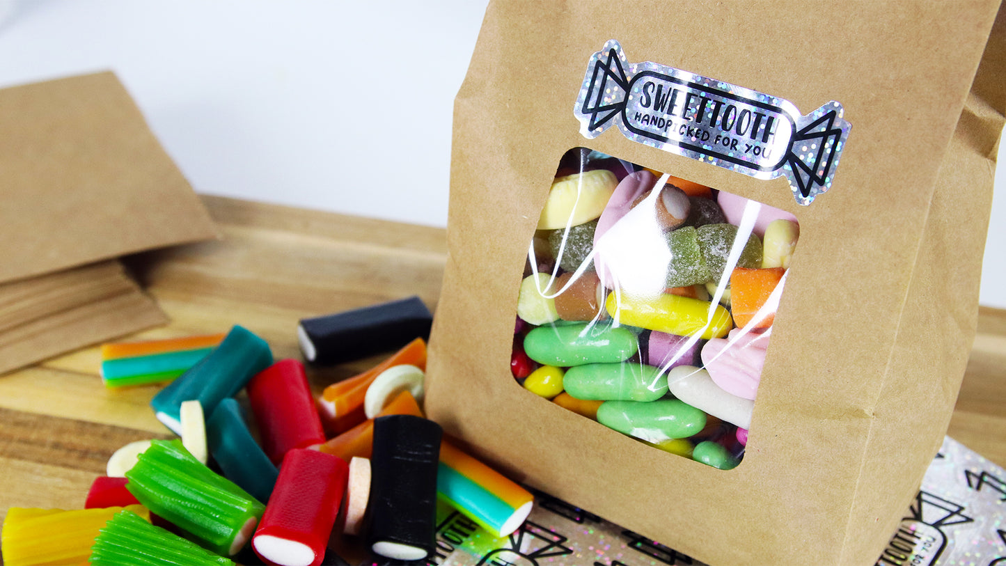 Die cut glitter sweet label applied to custom made sweets mix