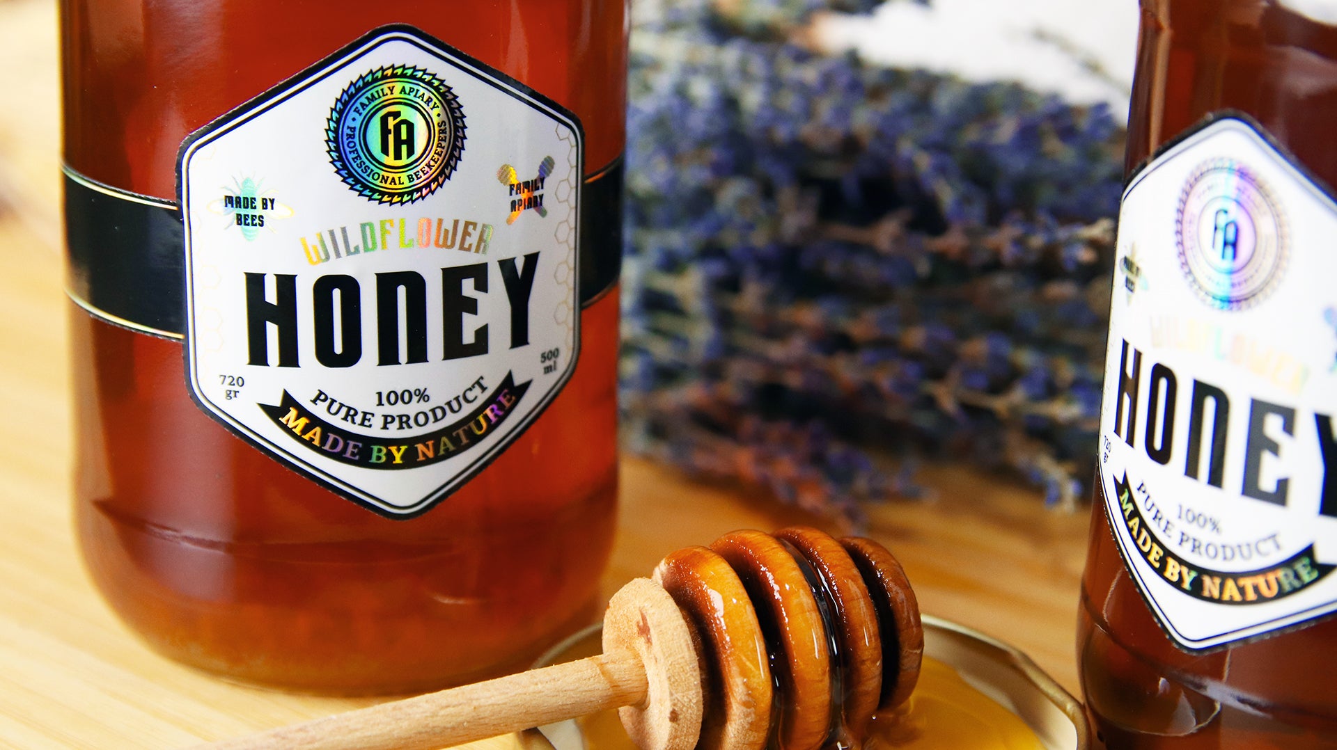 Die cut holographic labels applied to honey jars