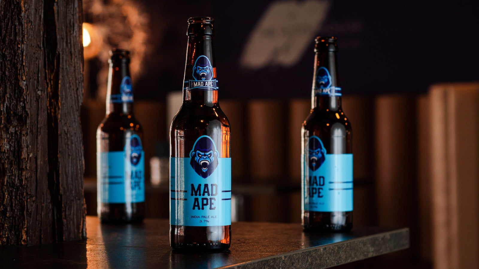 Mad Ape Beer bottle labels on dark brown bottles