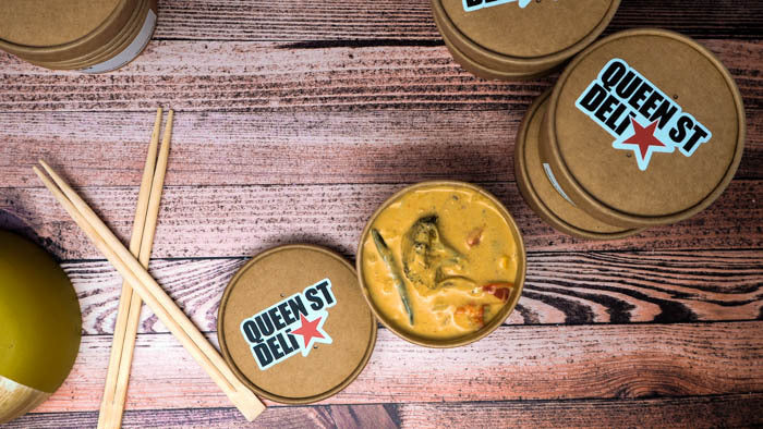 Queen Street Deli biodegradable paper die cut stickers on food packaging