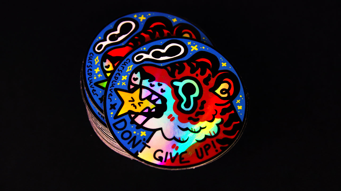 Round holographic sticker with tiger against a black background