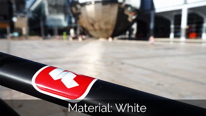 Rounded corner bicycle stickers printed onto white vinyl applied to a bike frame