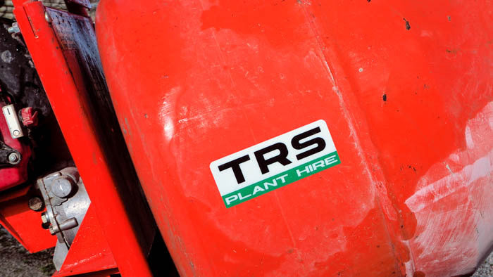 Rounded corner heavy duty sample with plant hire logo applied to a red cement mixer