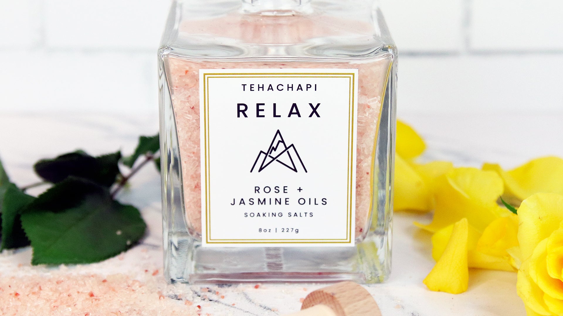 Square white vinyl label applied to a bathsalts bottle