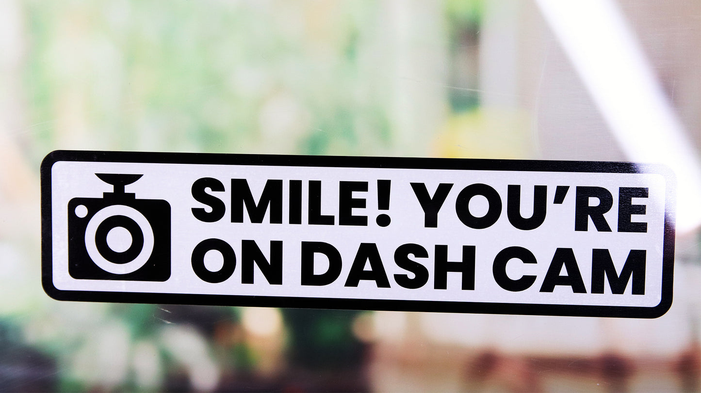 Rounded corner front adhesive window sticker with dash cam design